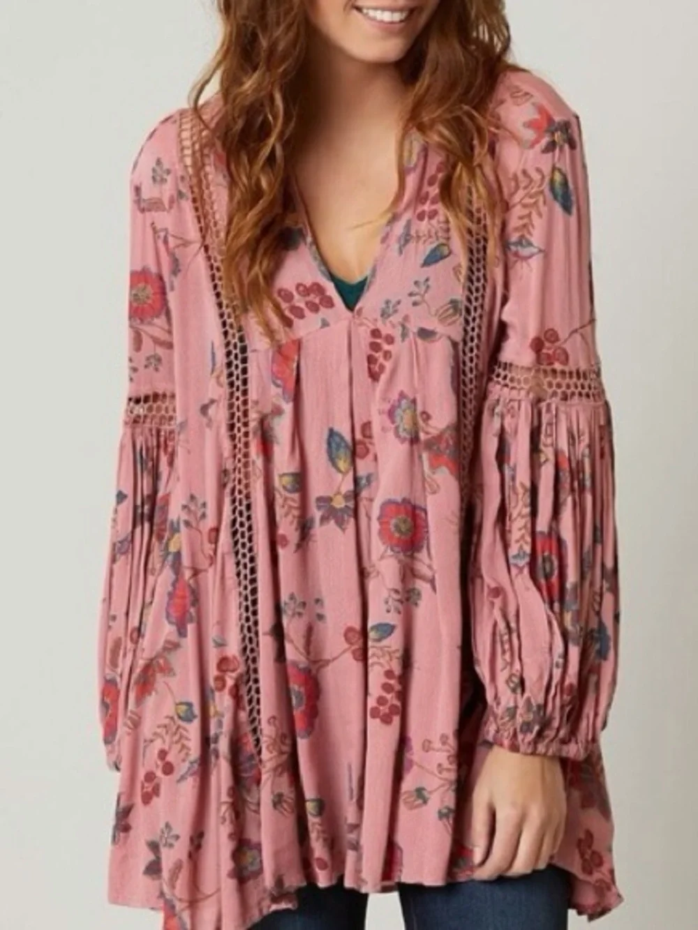 Free People Floral Boho Tunic Blouse Size Small Just the Two of Us Peasant Top